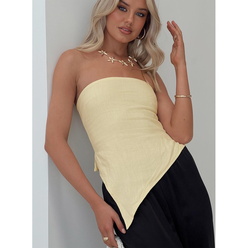 Birdie Asymmetric Linen Blend Top Lemon