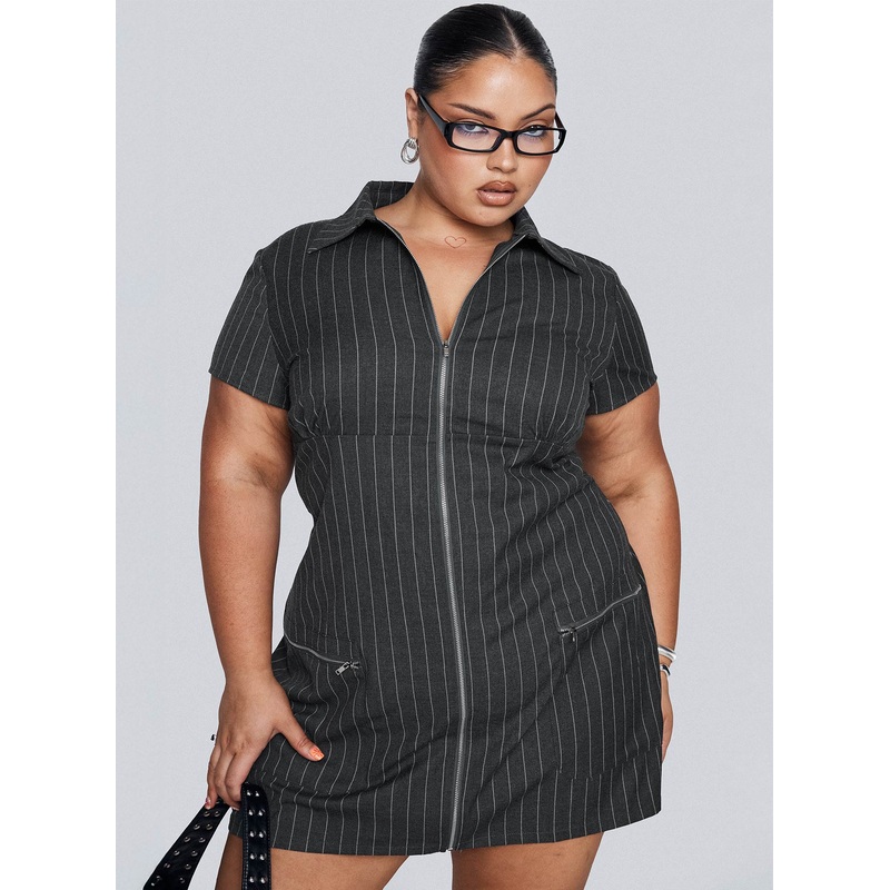 Wynona Mini Dress White / Grey Pinstripe Curve