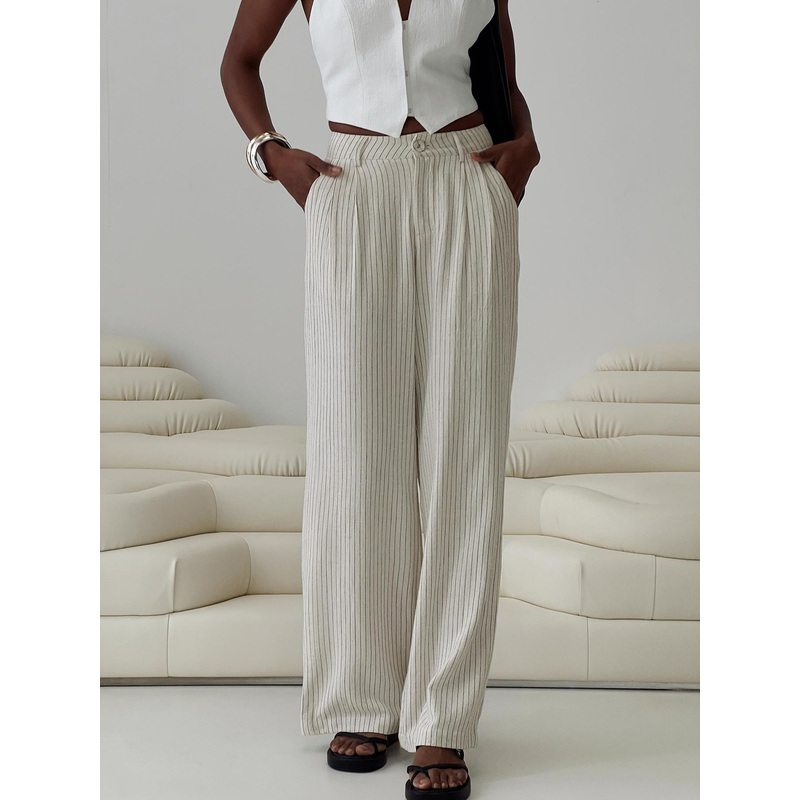 Hayze Linen Pant Beige Pinstripe