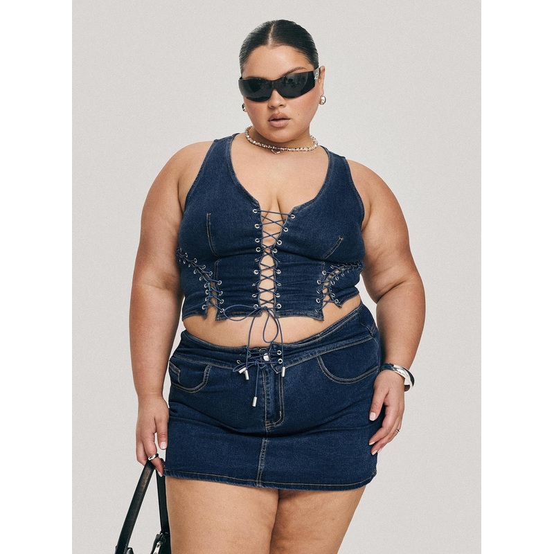 Popular Low Rise Mini Skirt Mid Blue Wash Curve