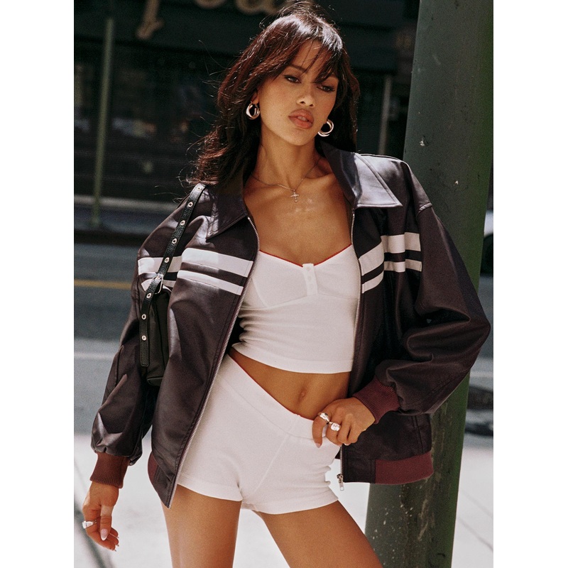 Goldsmith Faux Leather Bomber Jacket Chocolate / White