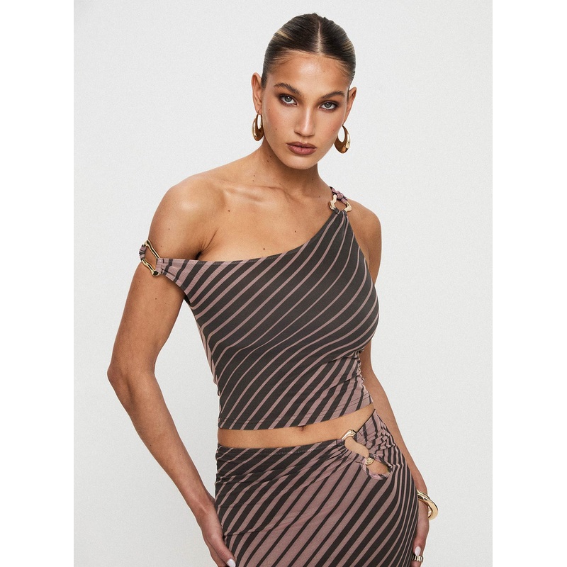 Rios One Shoulder Top Brown Stripe
