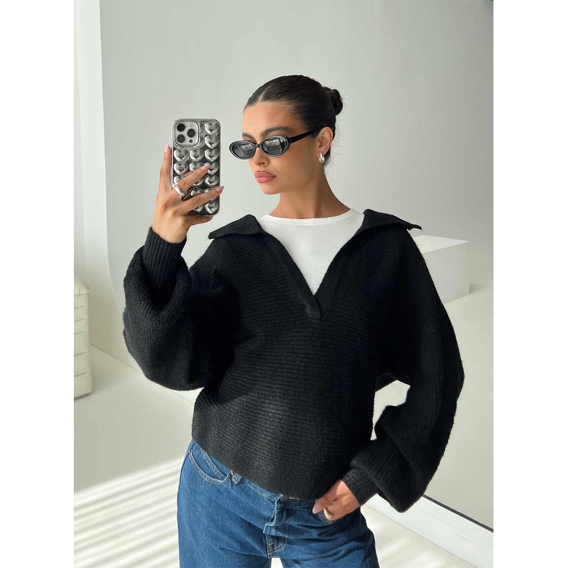 Bella Notched Neck Sweater Black