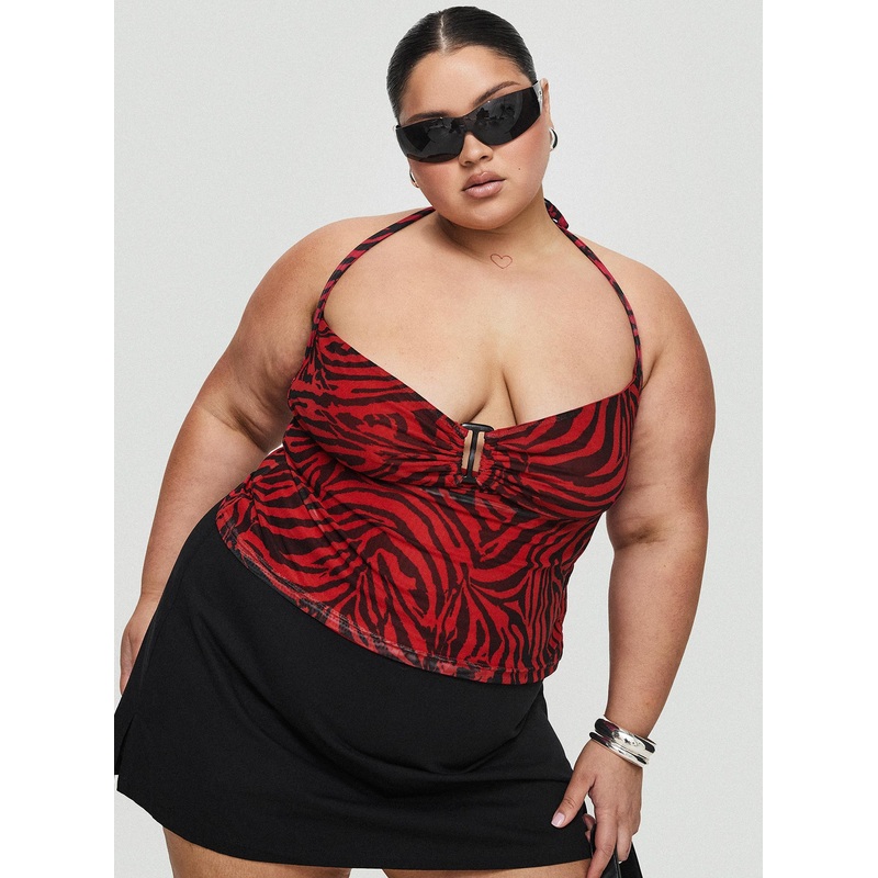 Cielo Mesh Halter Top Red Zebra Curve