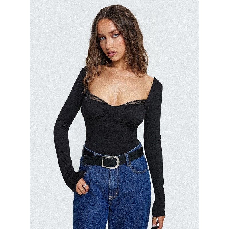 Peekaboo Long Sleeve Bodysuit Black