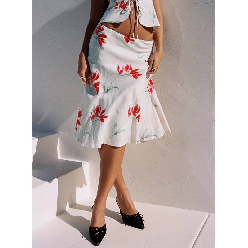 Franci Linen Low Rise Midi Skirt Floral