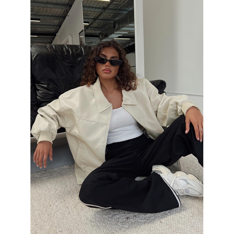 Goldsmith Faux Leather Bomber Jacket Cream