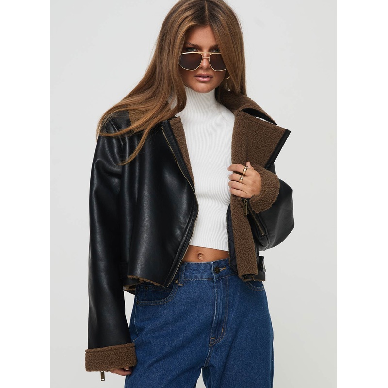 Shearling Trim Faux Leather Jacket Black