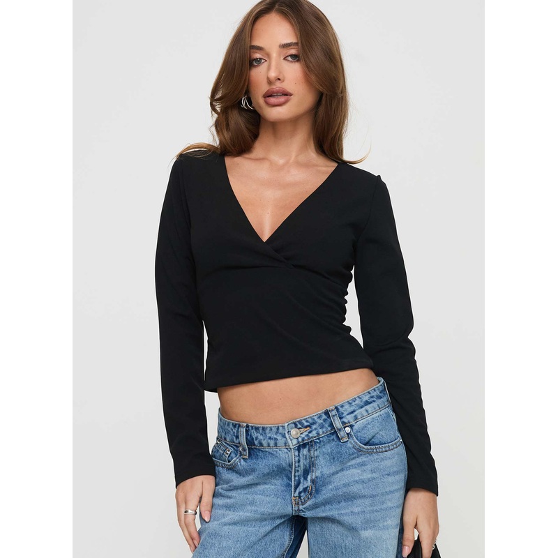 Aeva Long Sleeve Plunge Top Black