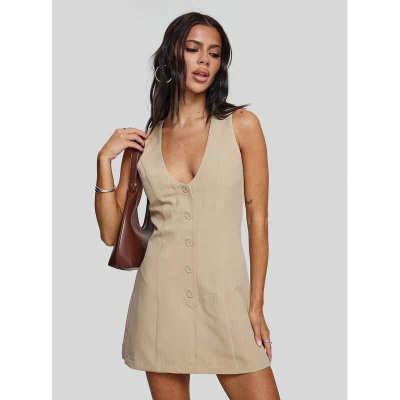 Rosemarie Romper Beige Pinstripe
