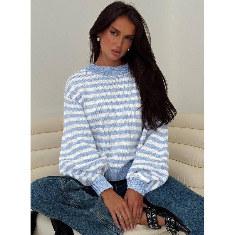Harmony Balloon Sleeve Knit Sweater Blue / White Stripe