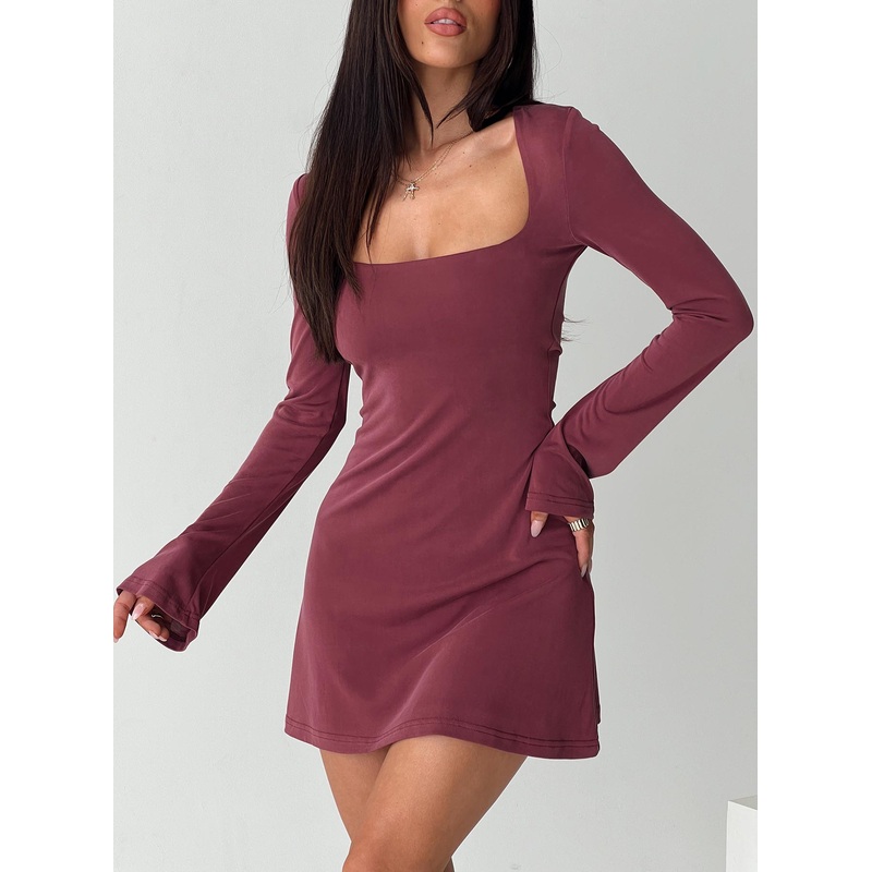 Back In Time Long Sleeve Mini Dress Burgundy