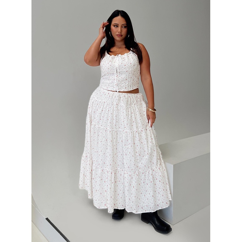 Cherry On Top Maxi Skirt White Floral Curve