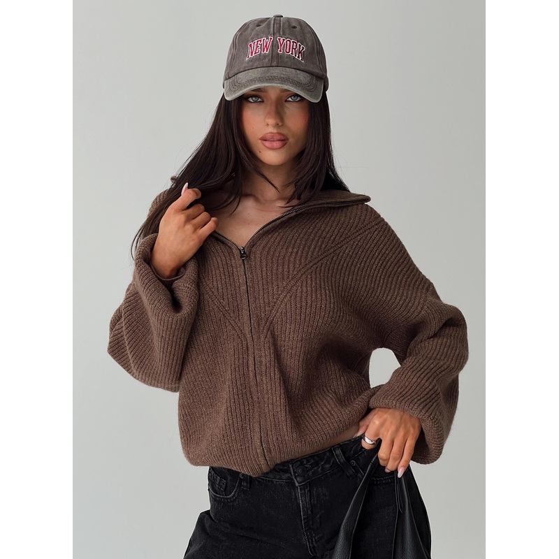 Hertford Zip Through Knit Sweater Brown