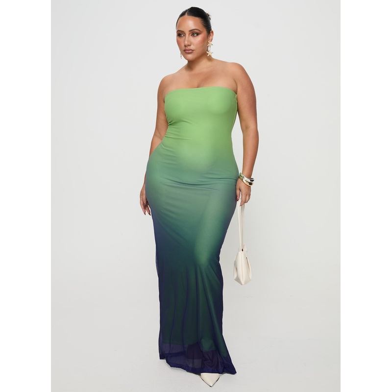 Stolen Love Strapless Maxi Dress Blue / Green Ombre Curve