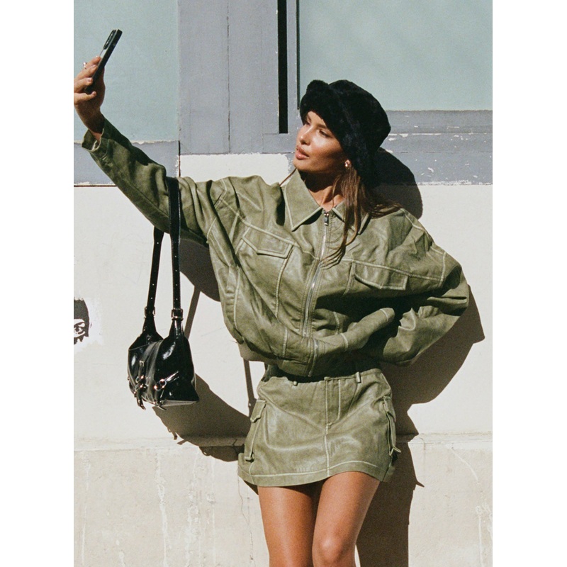Tanza Faux Leather Jacket Washed Green