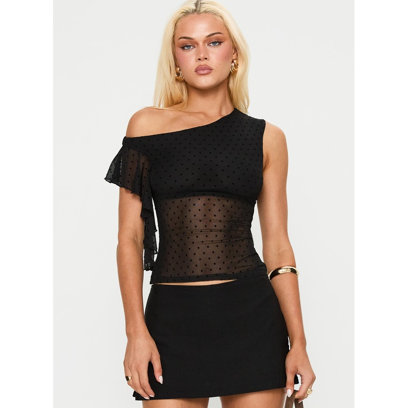 Cicero One Shoulder Frill Top Black