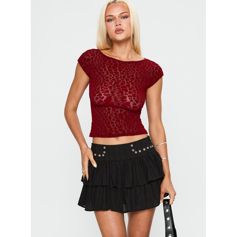Fire Sign Studded Tiered Mini Skirt Black