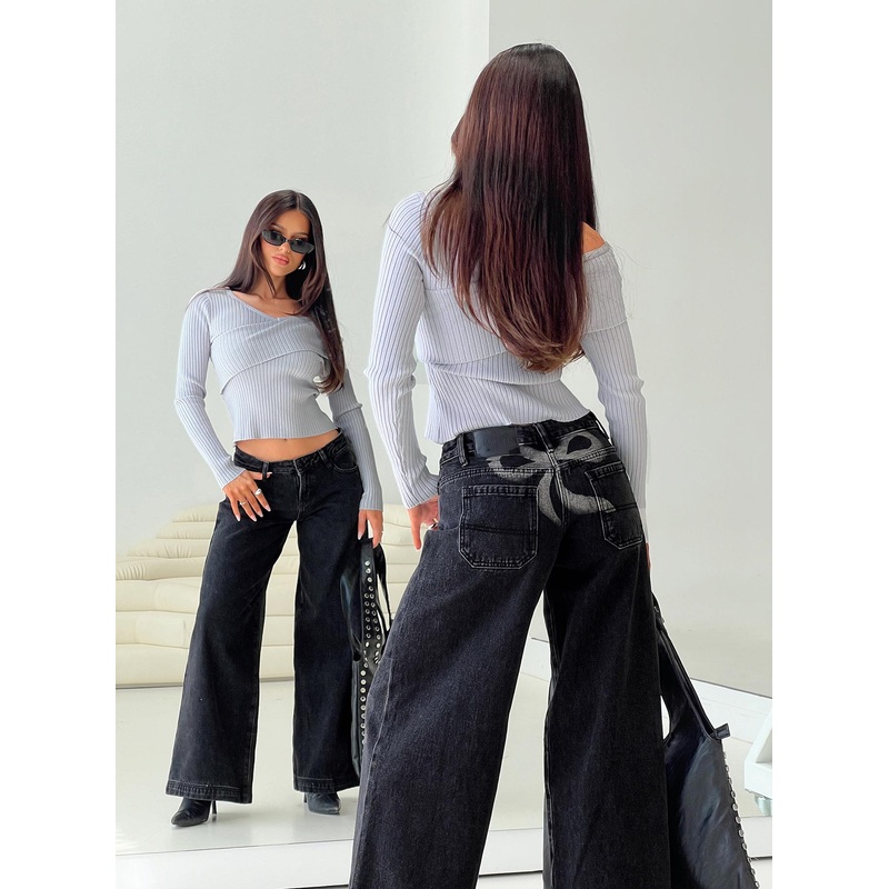 Ribbon Stamp Wide Leg Jeans Washed Black