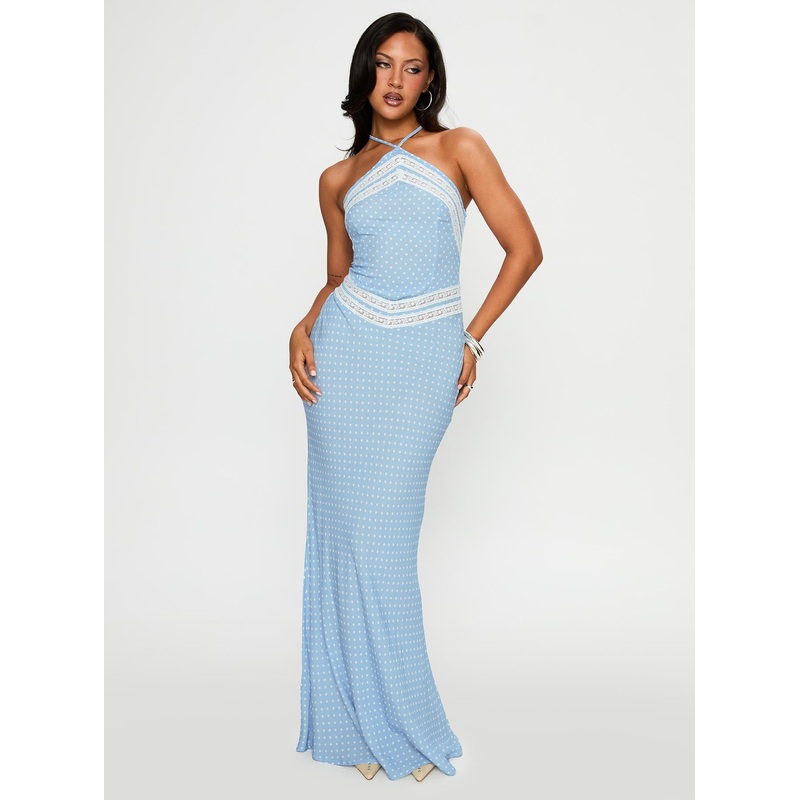 Wild Joy Halter Maxi Dress Blue Polka
