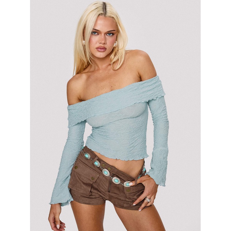 Back With Love Off Shoulder Long Sleeve Top Blue