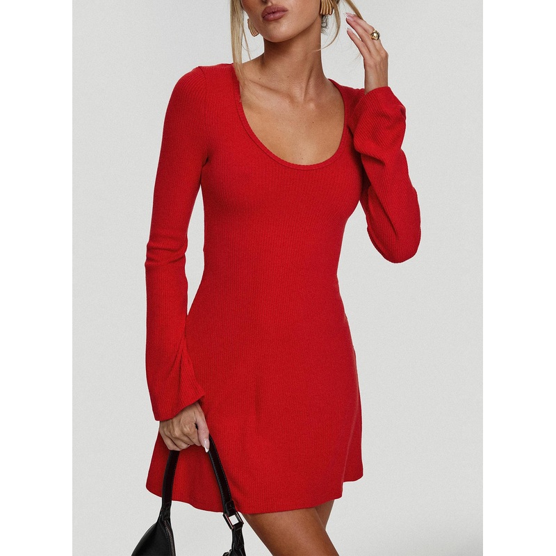 Best Interest Long Sleeve Mini Dress Red