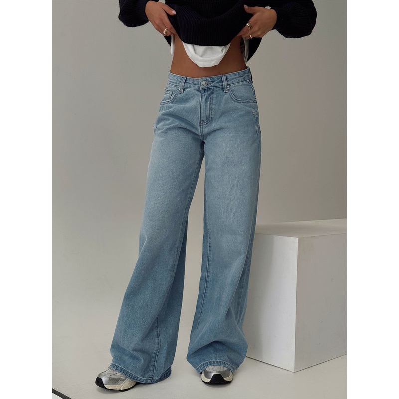 Demie Distressed Detail Wide Leg Jean Light Wash