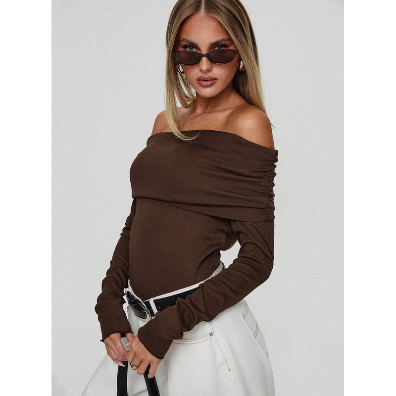 Spoilt Off The Shoulder Bodysuit Brown