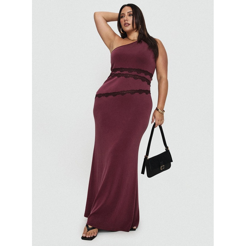 Ultraviolet One Shoulder Lace Maxi Dress Wine Curve
