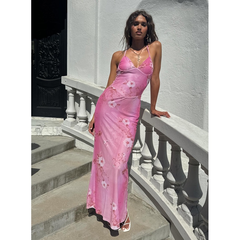 Beverlie Halter Maxi Dress Pink Floral