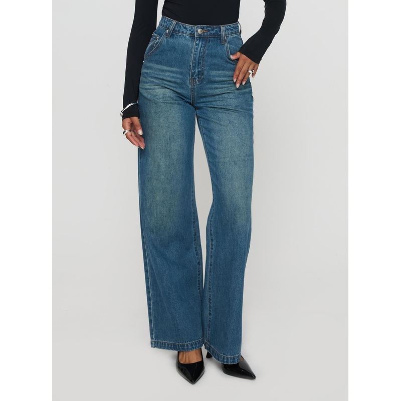 Hustler High Rise Straight Leg Denim Jean Washed Blue