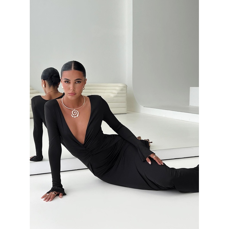 Lezure Plunge Long Sleeve Maxi Dress Black