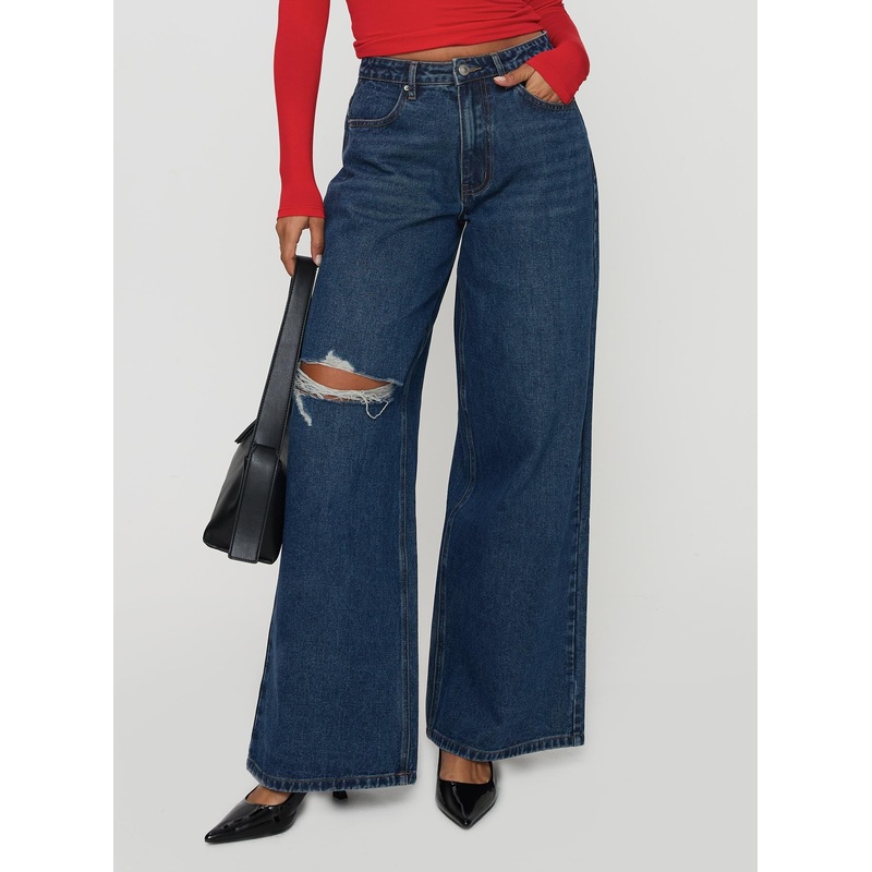 Naylor Rip Wide Leg Jeans Dark Blue Wash