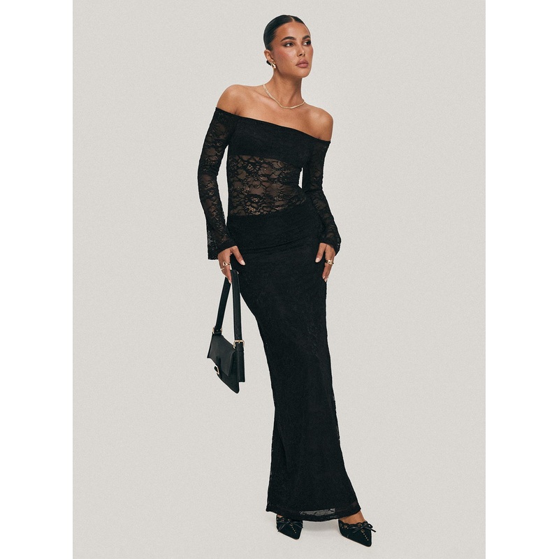 Pinot Grigio Long Sleeve Lace Maxi Dress Black