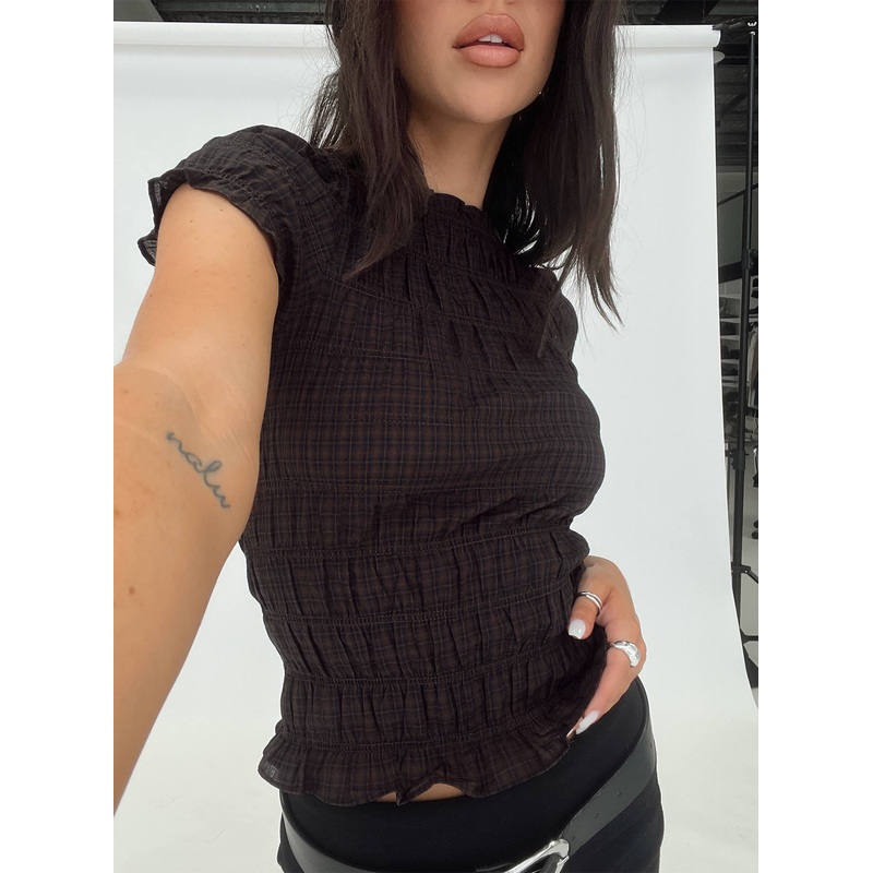 Romelle Shirred Top Black / Brown Plaid