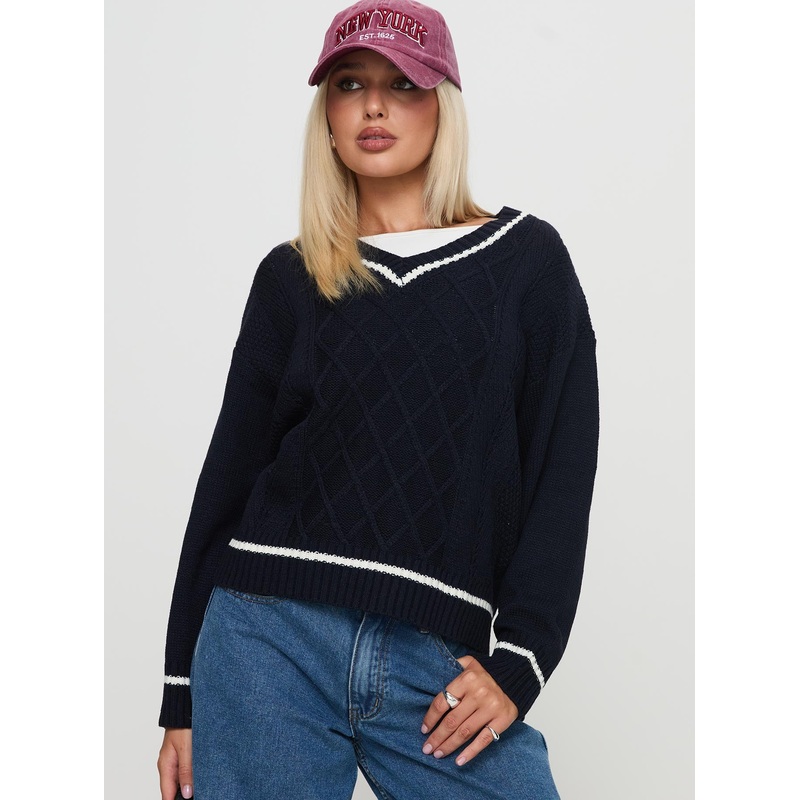 Covina V Neck Knit Sweater Navy