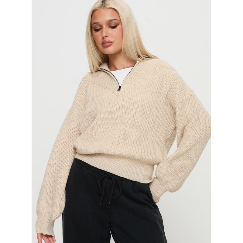 Fireheart Zip Through Knit Sweater Beige