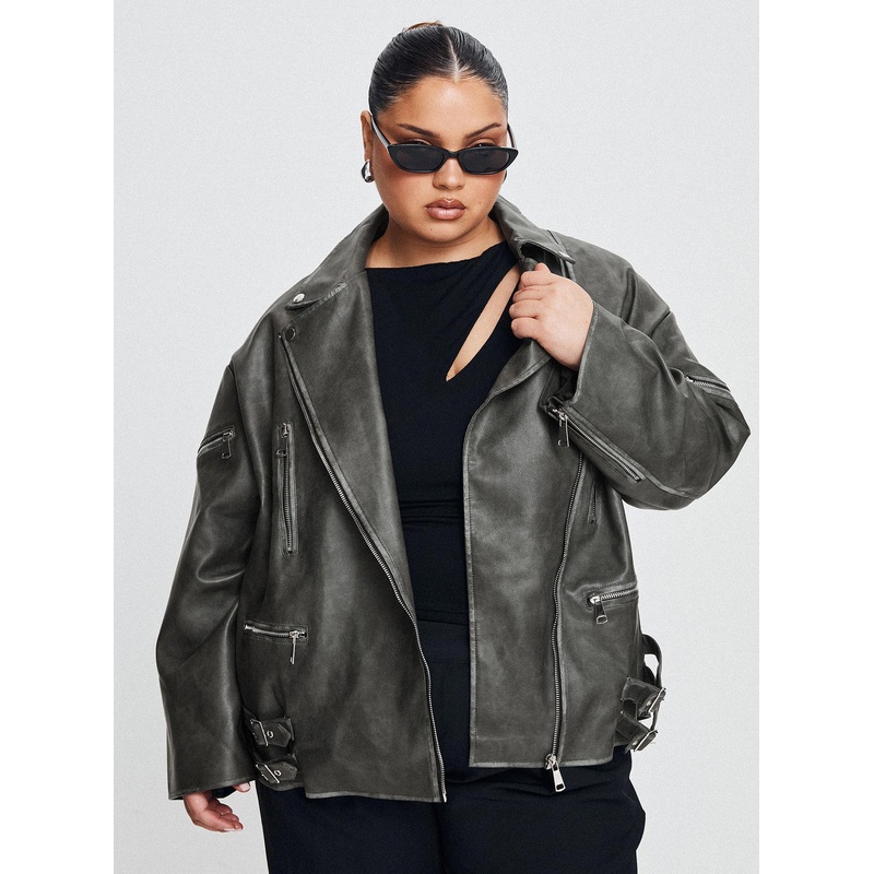 Magnets Faux Leather Jacket Washed Charcoal Curve