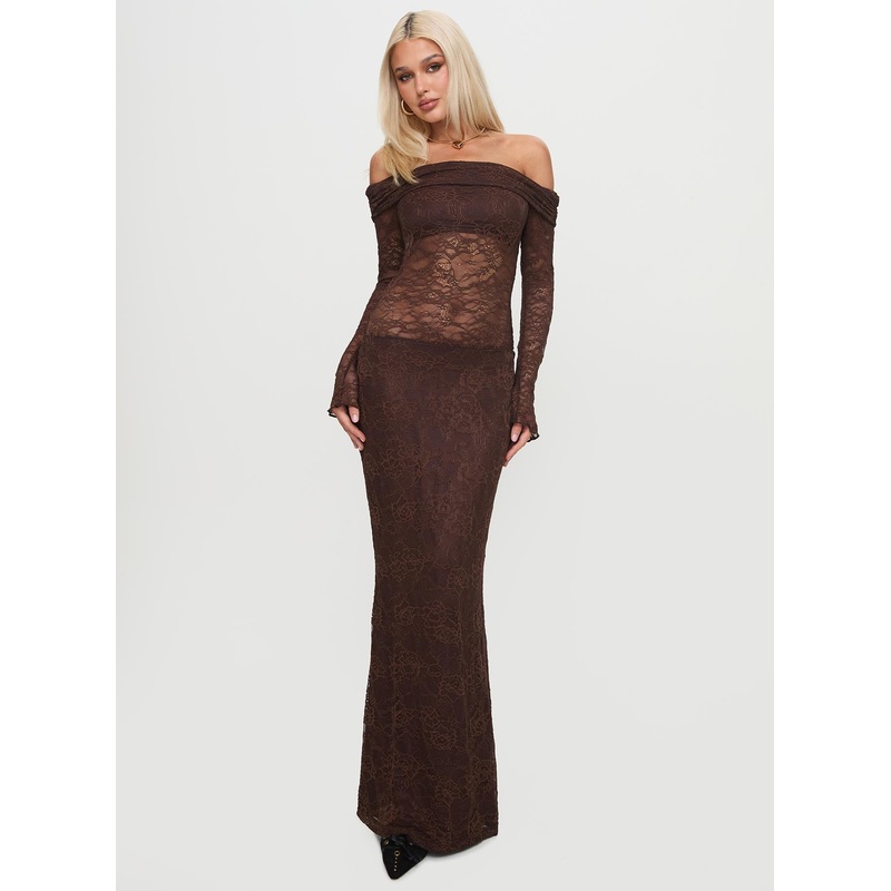 Make Your Mark Off Shoulder Maxi Dress Chocolate