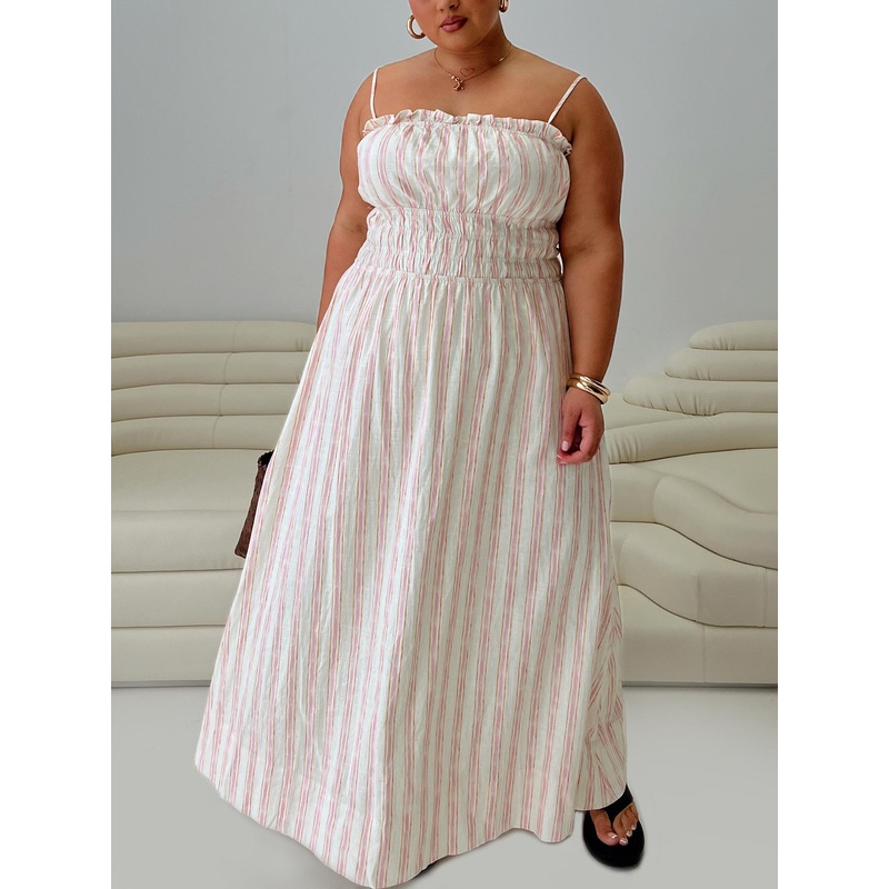 Persephone Shirring Linen Maxi Dress Pink Stripe Curve