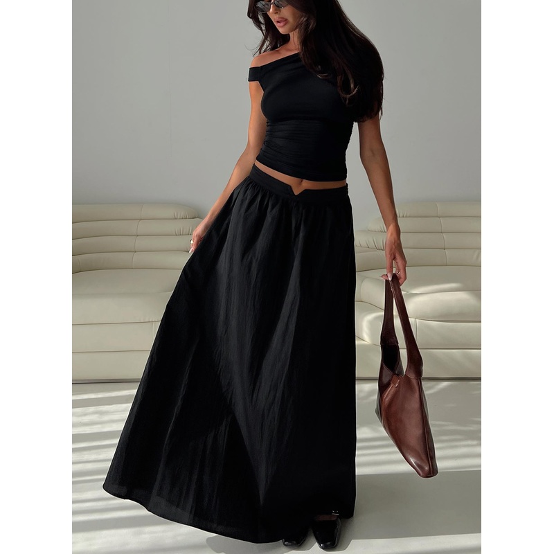 Rennata Gathered Mid Rise Maxi Skirt Black