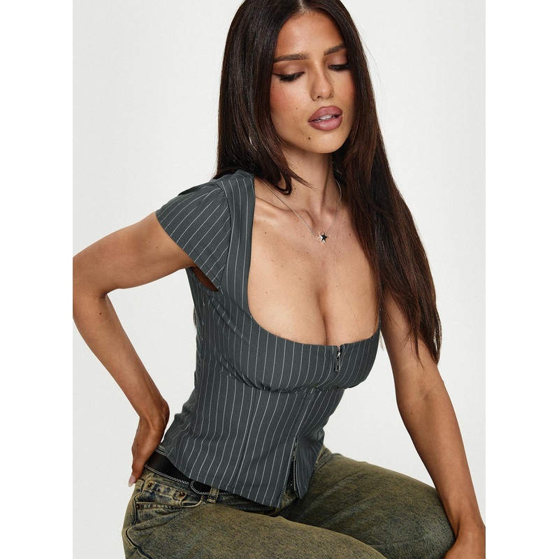Santa Cruz Zip Through Top Grey Pinstripe