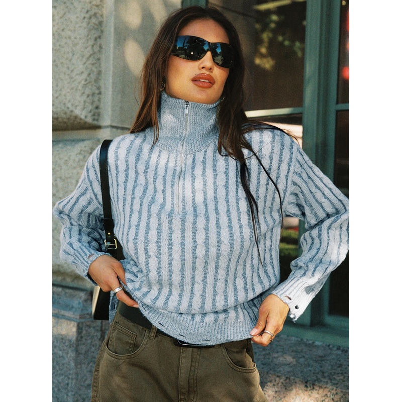 Told The Truth Quarter Zip Knit Sweater Blue