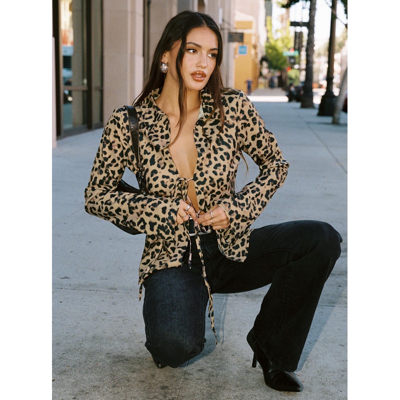 Toriah Long Sleeve Tie Up Top Leopard