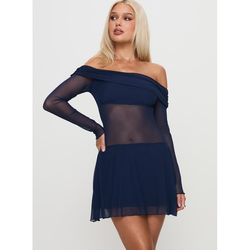 Virtues Long Sleeve Sheer Mini Dress Navy