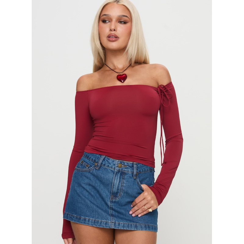 Where You At Off Shoulder Long Sleeve Top Red