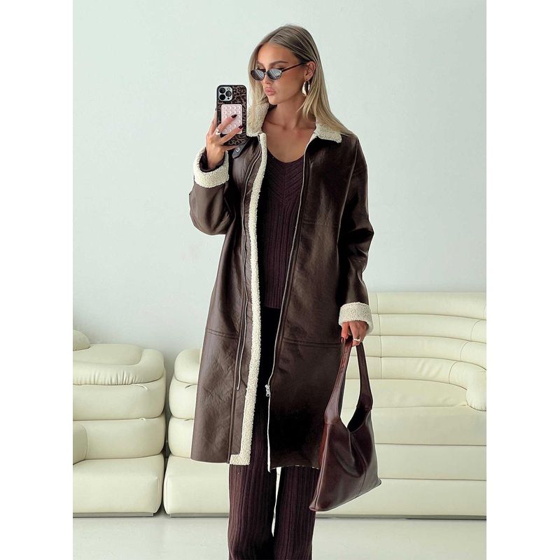 Ammelia Shearling Long-line Jacket Brown