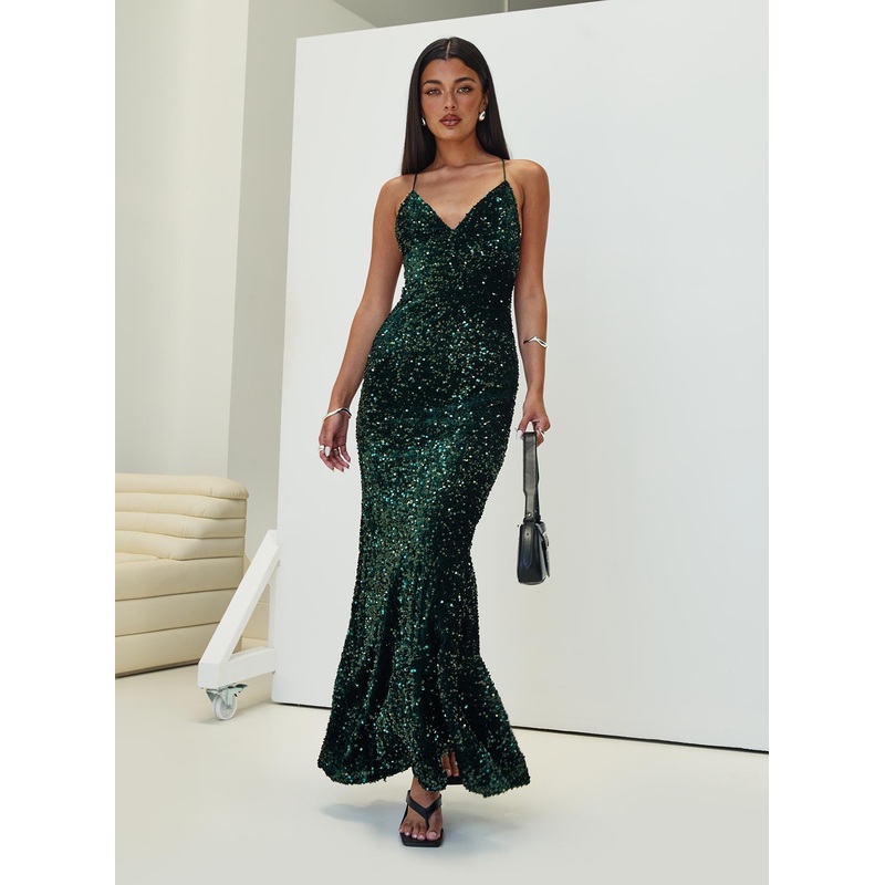 Charlette Sparkle Maxi Dress Dark Green