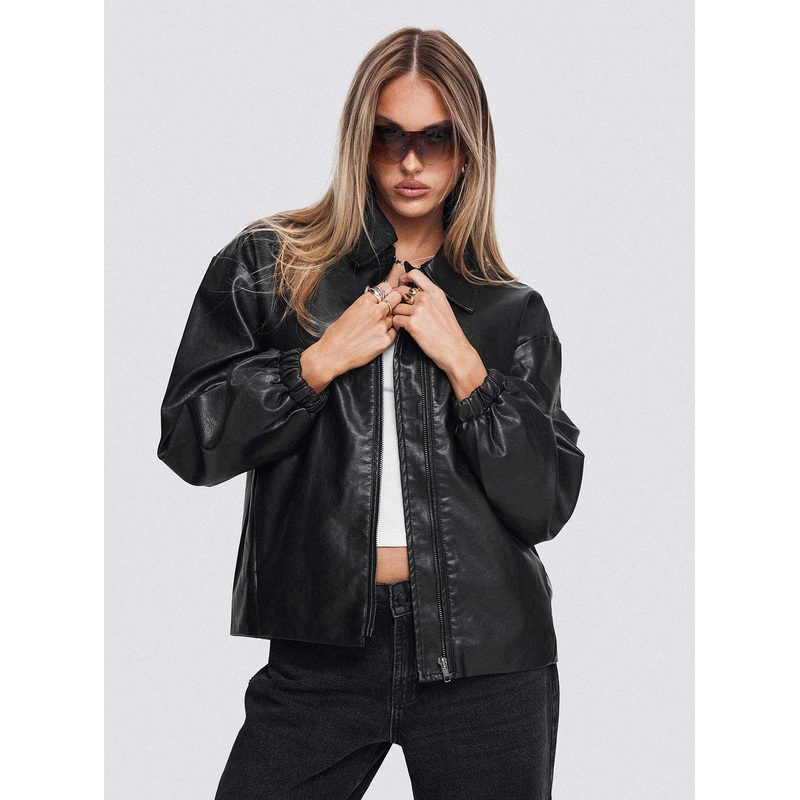 Missed Call Faux Leather Bomber Jacket Black