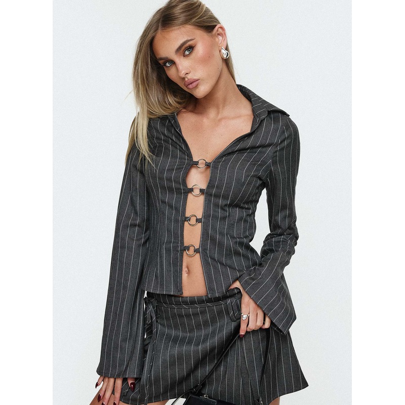 Saraya Long Sleeve Ring Top Grey Pinstripe